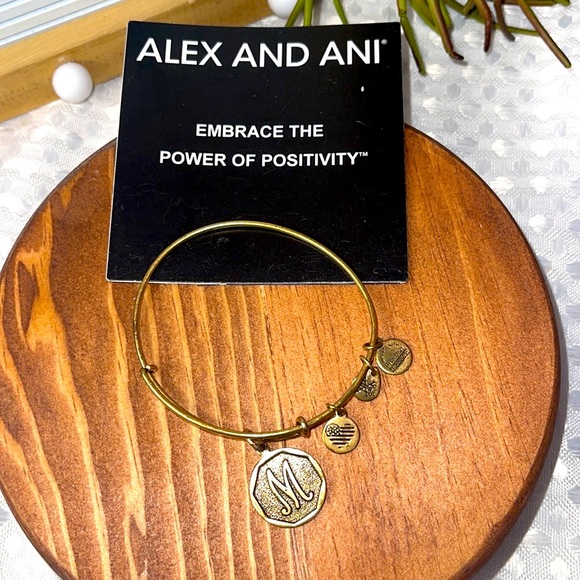 Alex and Ani 2017 Gold Tone Adjustable Bracelet with M Charm Power & Positivity. - Picture 1 of 3